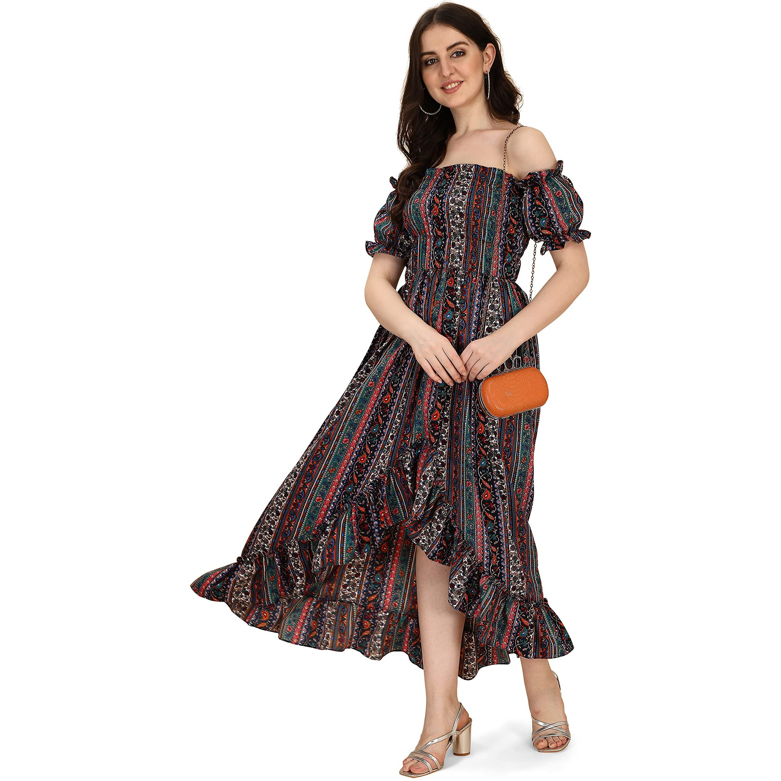 Oomph Flared Dress For Women Stylish | Long One Piece For Women | Off Shoulder Puff Sleeve Long Dress | Floral Print Maxi One Piece | Western & Fusion Wear Bohemian Style Multicolour