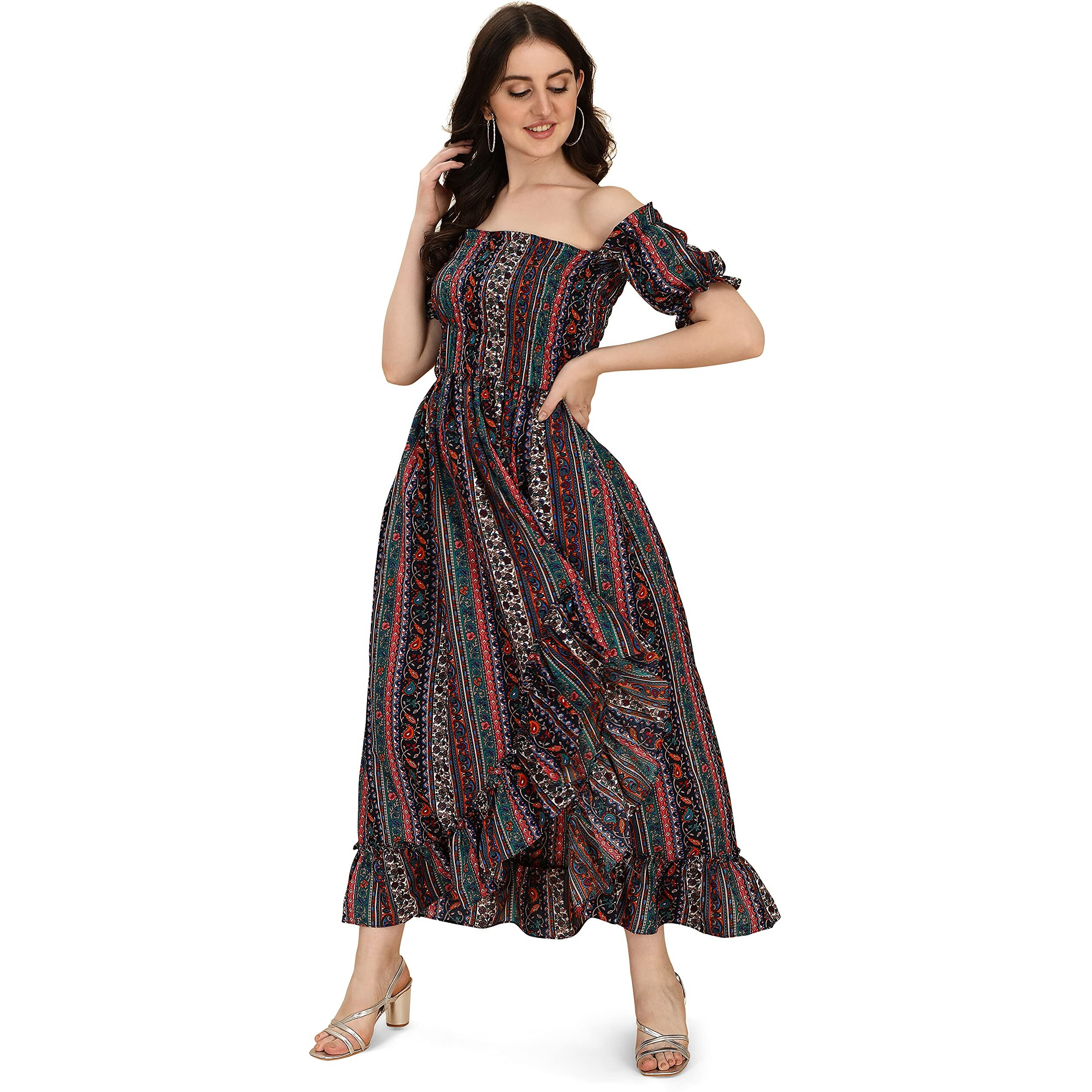 Oomph Flared Dress For Women Stylish | Long One Piece For Women | Off Shoulder Puff Sleeve Long Dress | Floral Print Maxi One Piece | Western & Fusion Wear Bohemian Style Multicolour