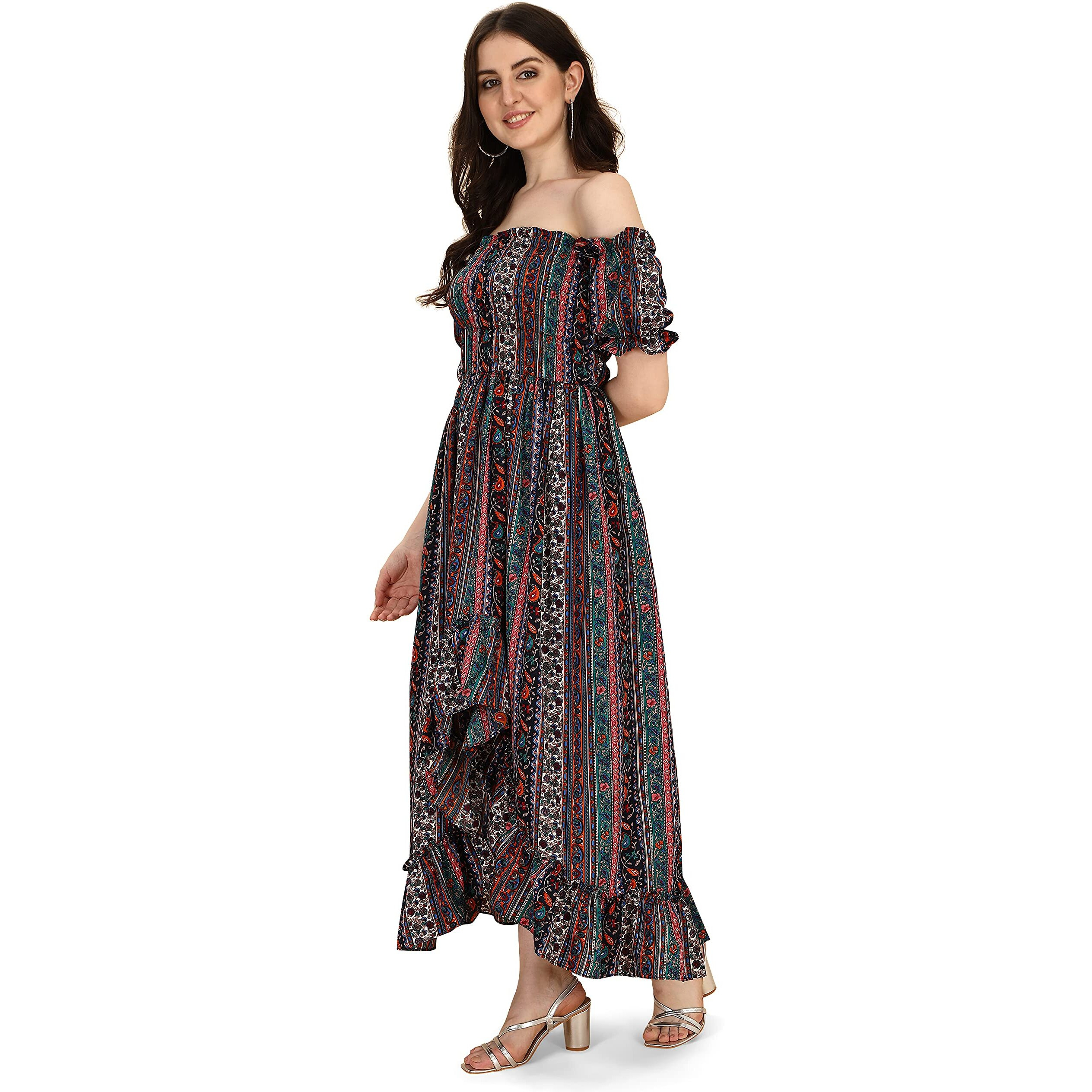 Oomph Flared Dress For Women Stylish | Long One Piece For Women | Off Shoulder Puff Sleeve Long Dress | Floral Print Maxi One Piece | Western & Fusion Wear Bohemian Style Multicolour
