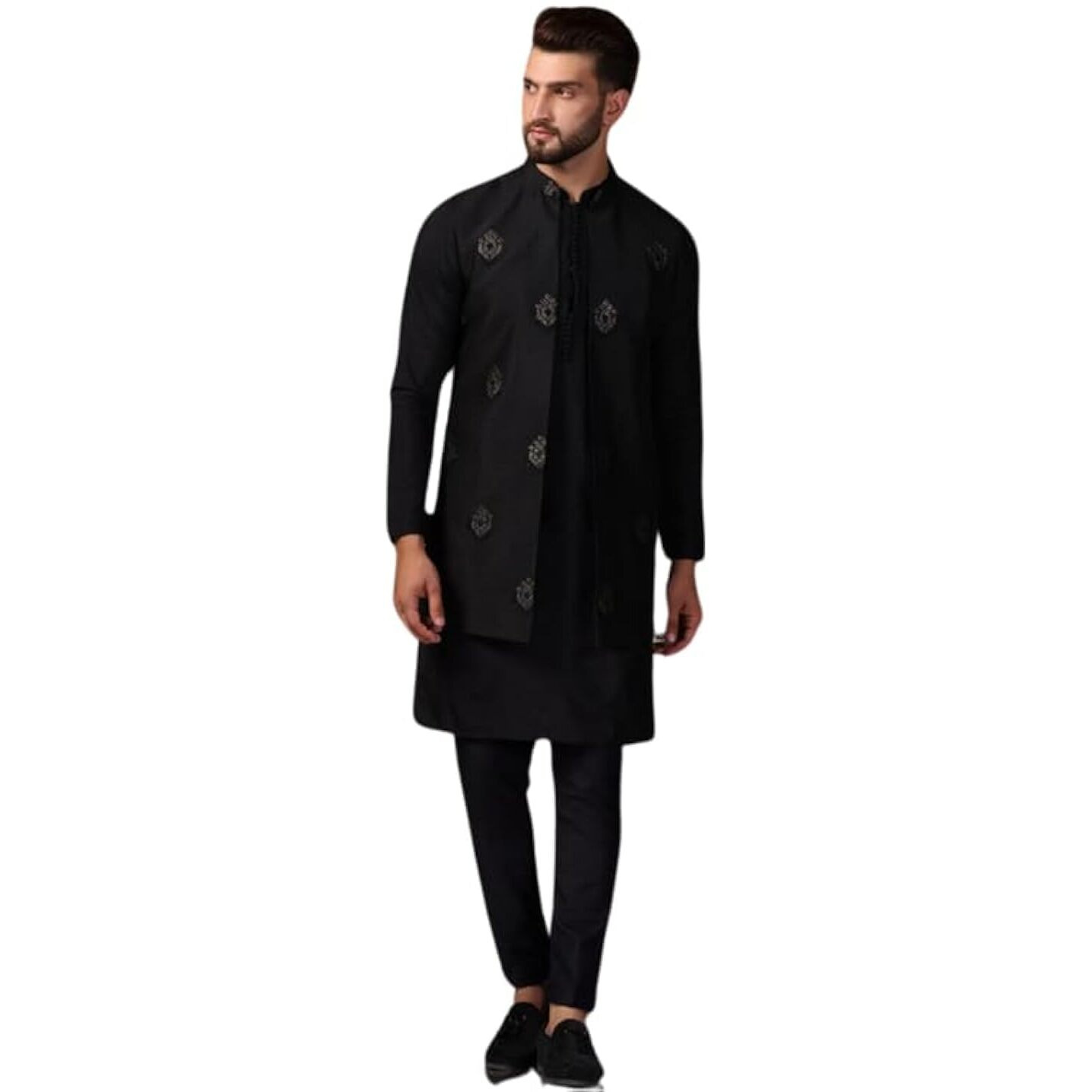 Kisah Men's Kurta Jacket Trouser Set, Black Cotton Blend, Woven Design Regular Fit Mandarin Collar Long Sleeves (M)