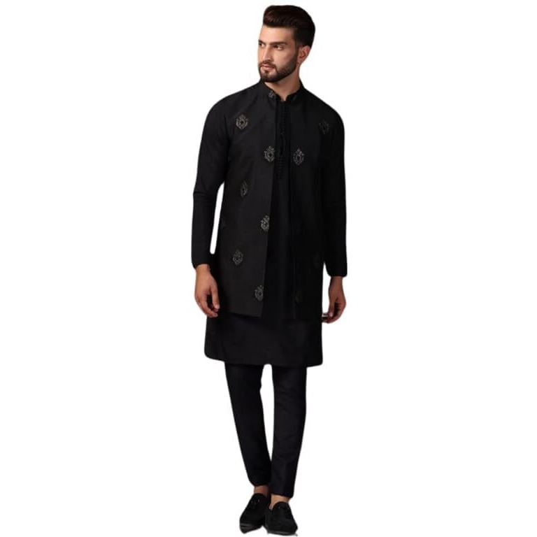 Kisah Men's Kurta Jacket Trouser Set, Black Cotton Blend, Woven Design Regular Fit Mandarin Collar Long Sleeves (M)