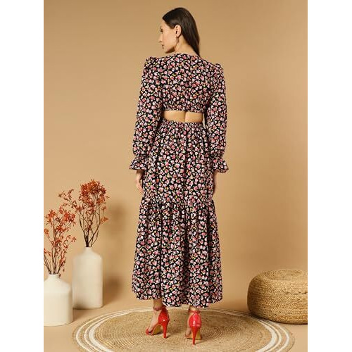 Kzully Women's Crepe A-Line Maxi Casual Dress (Sfs-2001-Black-Rose-L-Print_Black-Pink_L)