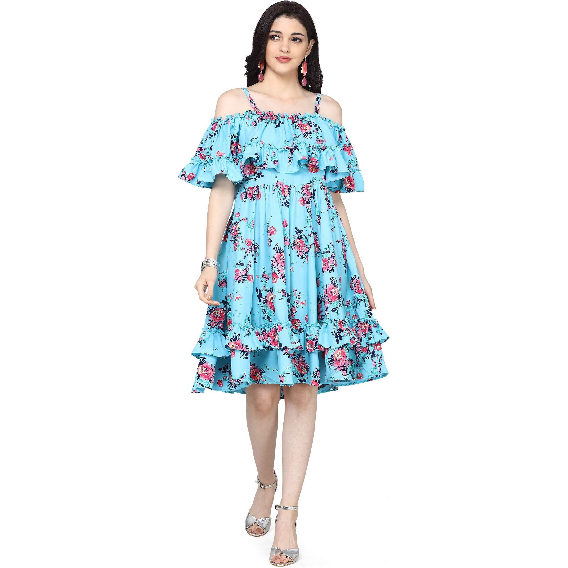 Oomph Women's Western & Fusion Wear Crepe Pleated Knee-Long Dress - Sea Blue