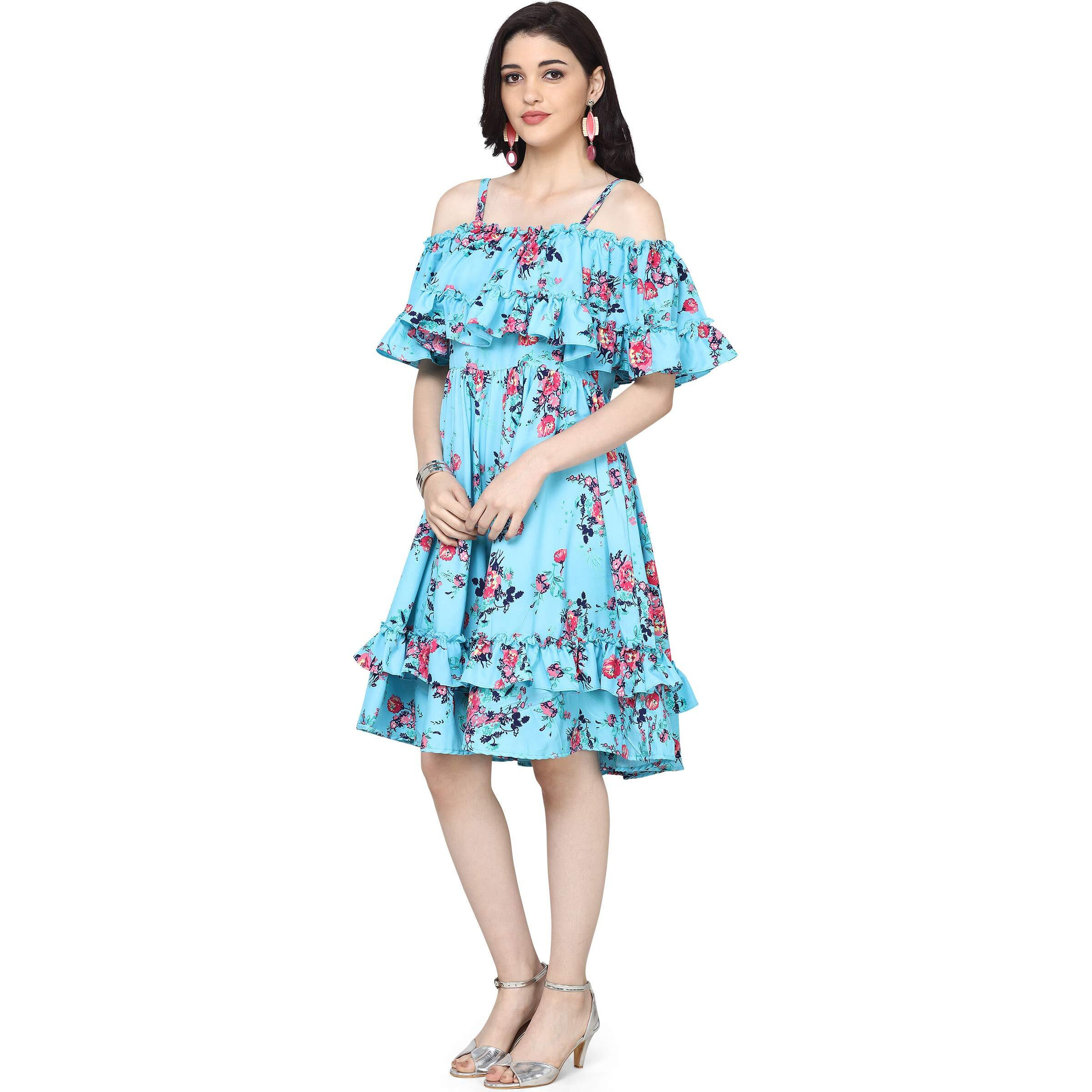 Oomph Women's Western & Fusion Wear Crepe Pleated Knee-Long Dress - Sea Blue