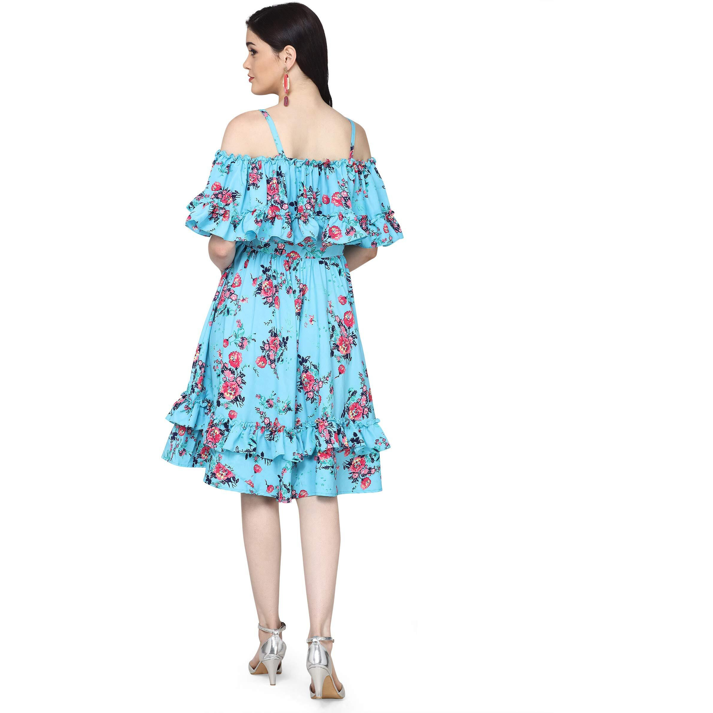 Oomph Women's Western & Fusion Wear Crepe Pleated Knee-Long Dress - Sea Blue