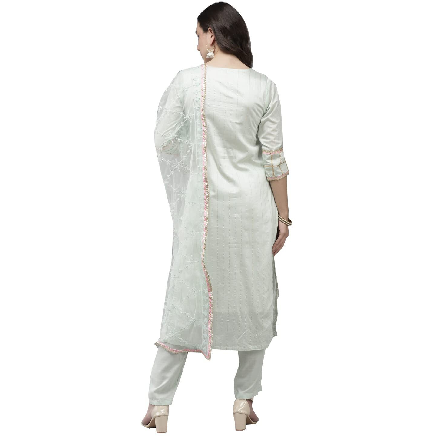 Ishin Women's Chanderi Silk Green Embroidered A-Line Kurta Suit Set With Dupatta & Pants Kpldpnk-19112_M_Green
