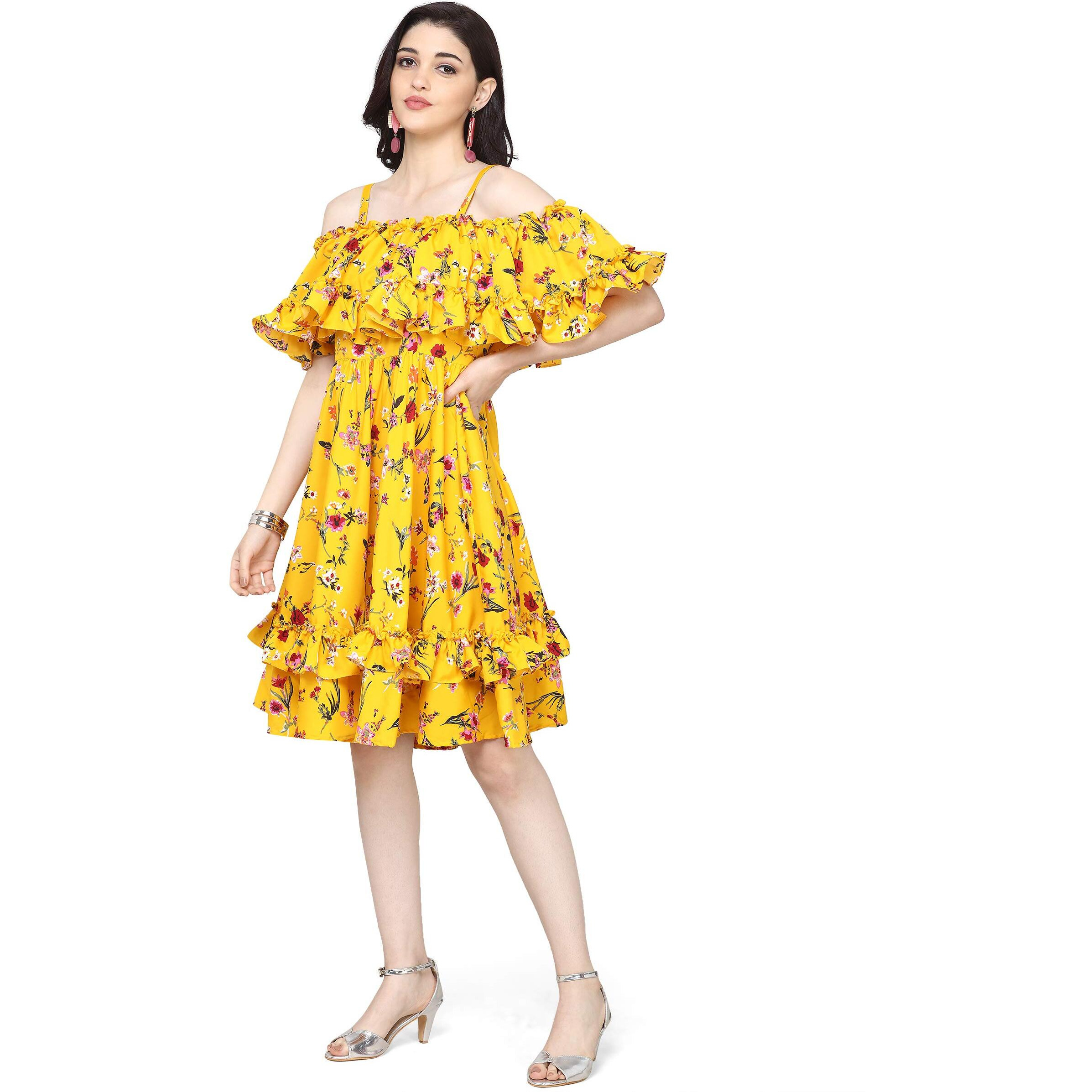 Oomph Women's Western & Fusion Wear Crepe Pleated Knee-Long Dress - Tuscansun Yellow