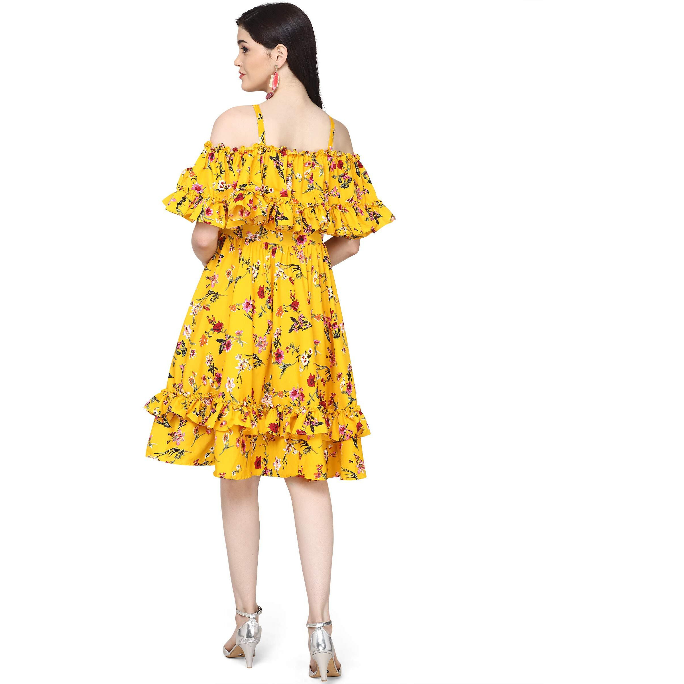 Oomph Women's Western & Fusion Wear Crepe Pleated Knee-Long Dress - Tuscansun Yellow