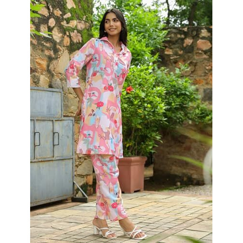 Leriya Fashion Women's Rayon Floral Regular Western Co-Ord Set (Lf-W1936&Tr958_Pink_L)