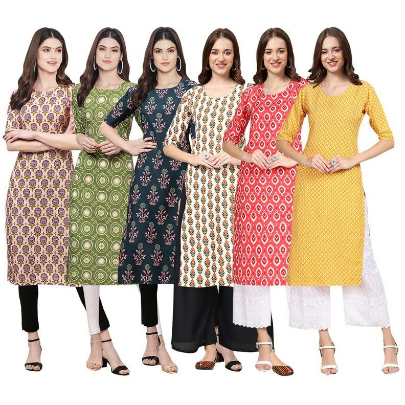 Pinkmint Women's Crepe Digital Print Straight Kurta [Pack Of 6](Qv-332-338-335-352-346-350-S)