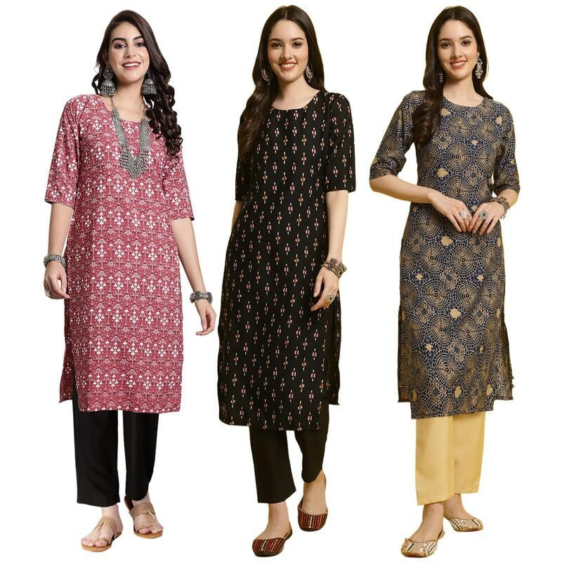 Pinkmint Women's Crepe Printed Kurta And Pant Set (Pack Of 3)