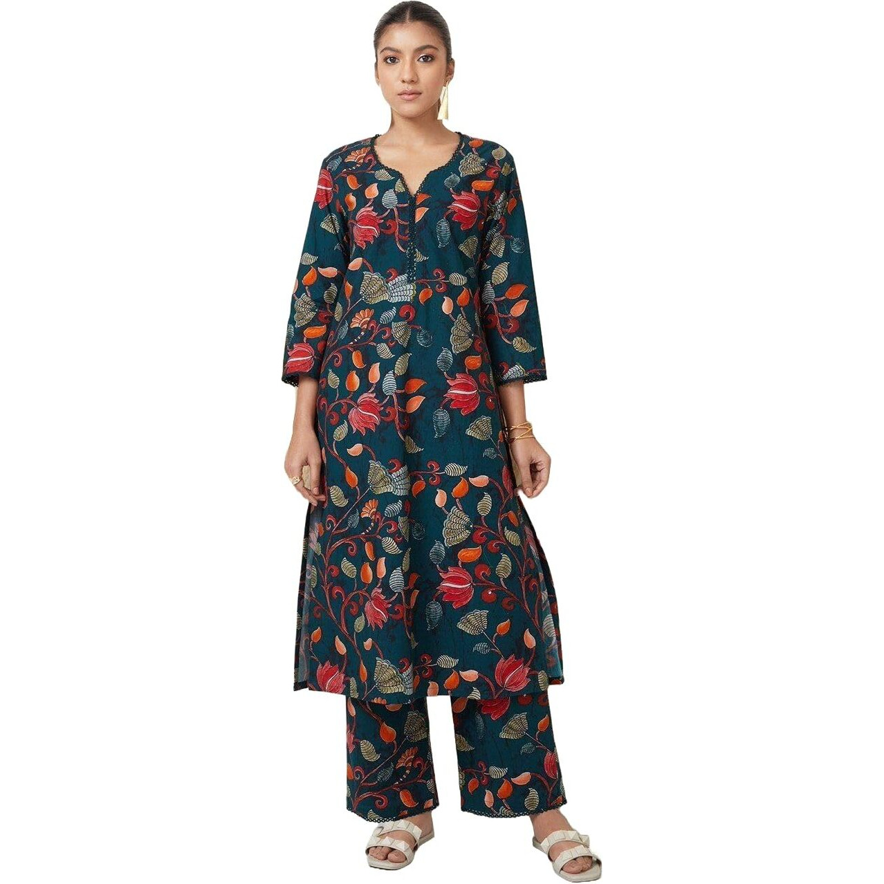 Lookmark Women's 3/4 Sleeve Floral Printed Kurti Pant Set, Cotton Blend, Knee Length, Stylish Ethnic Outfit, Office, And Casual Occasions (Az-Lm-Og1-Ks2166-M) Rama