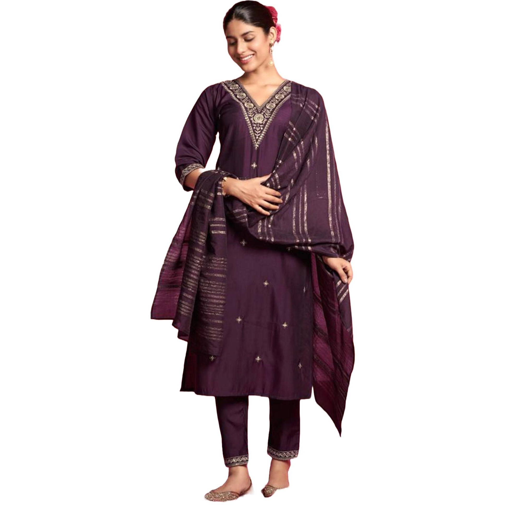 Lookmark Women's Pure Cotton Straight Kurta Pant Dupatta Suit Set With Elegant Embroidery - Perfect For Every Occasion (Az-Lm-Og-Ks2107-X Large) Purple