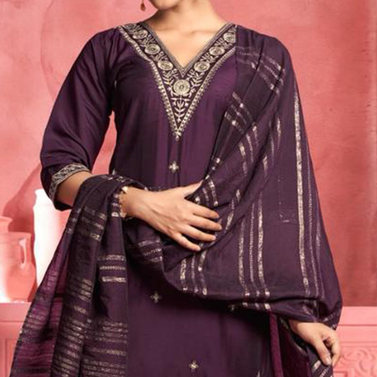 Lookmark Women's Pure Cotton Straight Kurta Pant Dupatta Suit Set With Elegant Embroidery - Perfect For Every Occasion (Az-Lm-Og-Ks2107-X Large) Purple