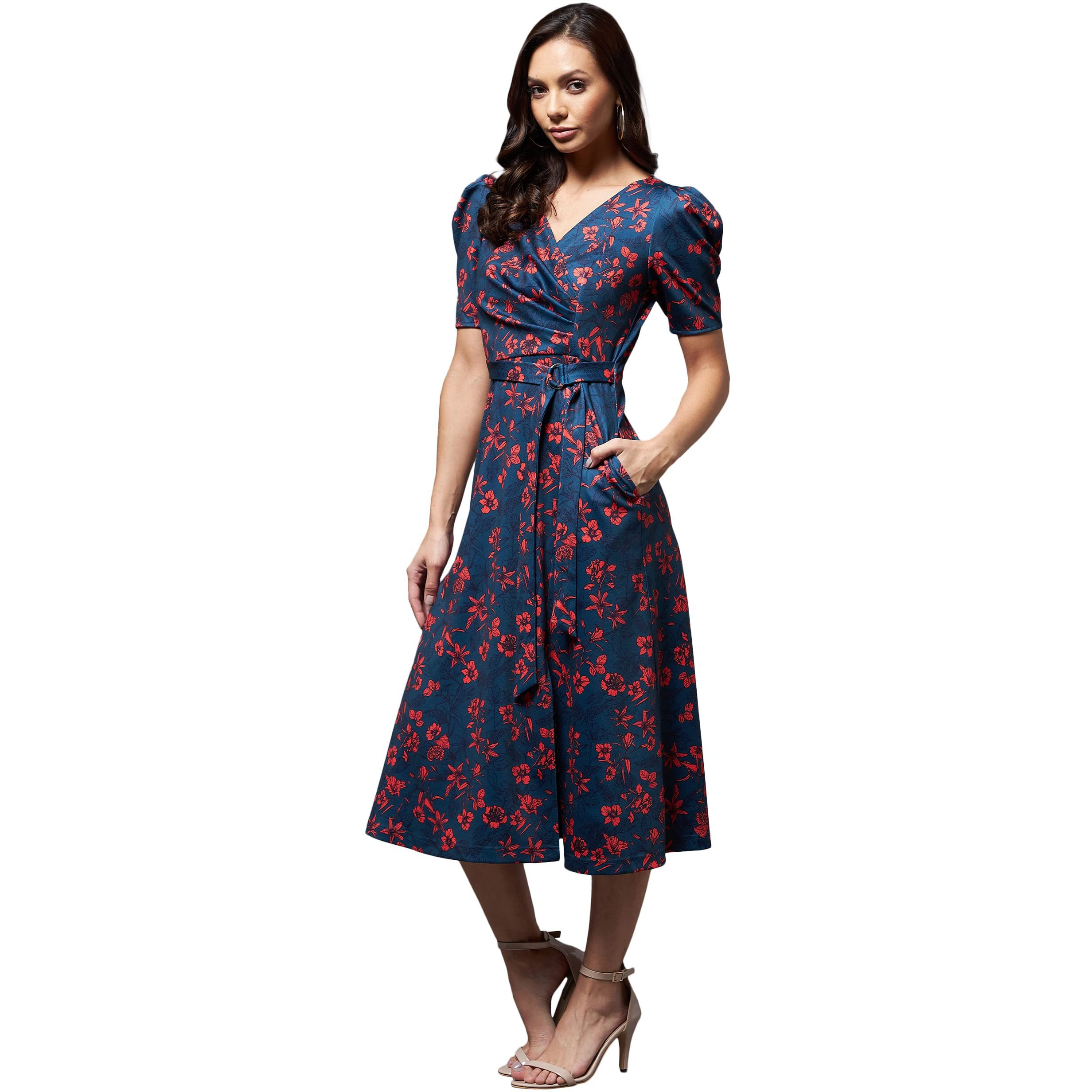 Miss Chase Women's Teal V-Neck Puff Sleeve Floral Wrap Midi Dress (Mcaw21D14-84-232-02,Multicolored Base-Teal,Xs)