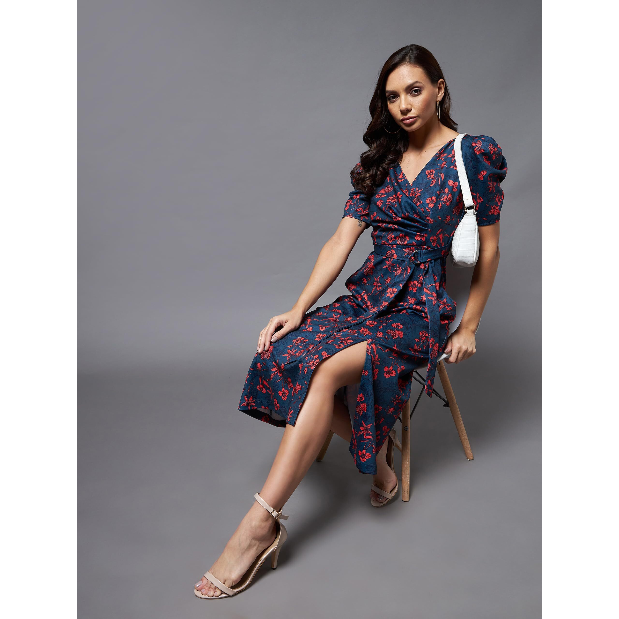 Miss Chase Women's Teal V-Neck Puff Sleeve Floral Wrap Midi Dress (Mcaw21D14-84-232-02,Multicolored Base-Teal,Xs)