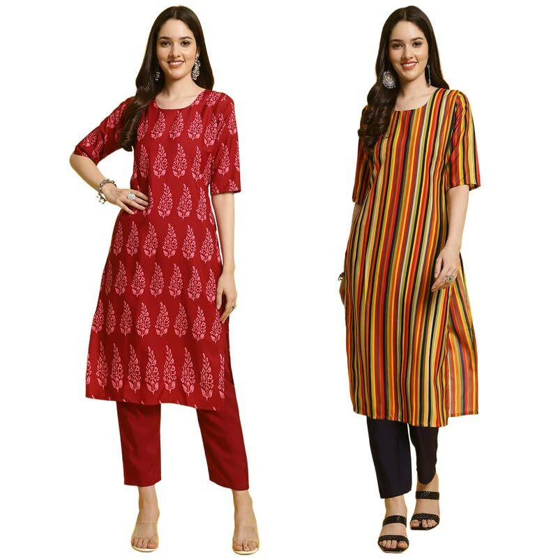 Pinkmint Women's Printed Crepe Straight Kurta And Pant Set Round Neck Kurta And Pant Set For Women