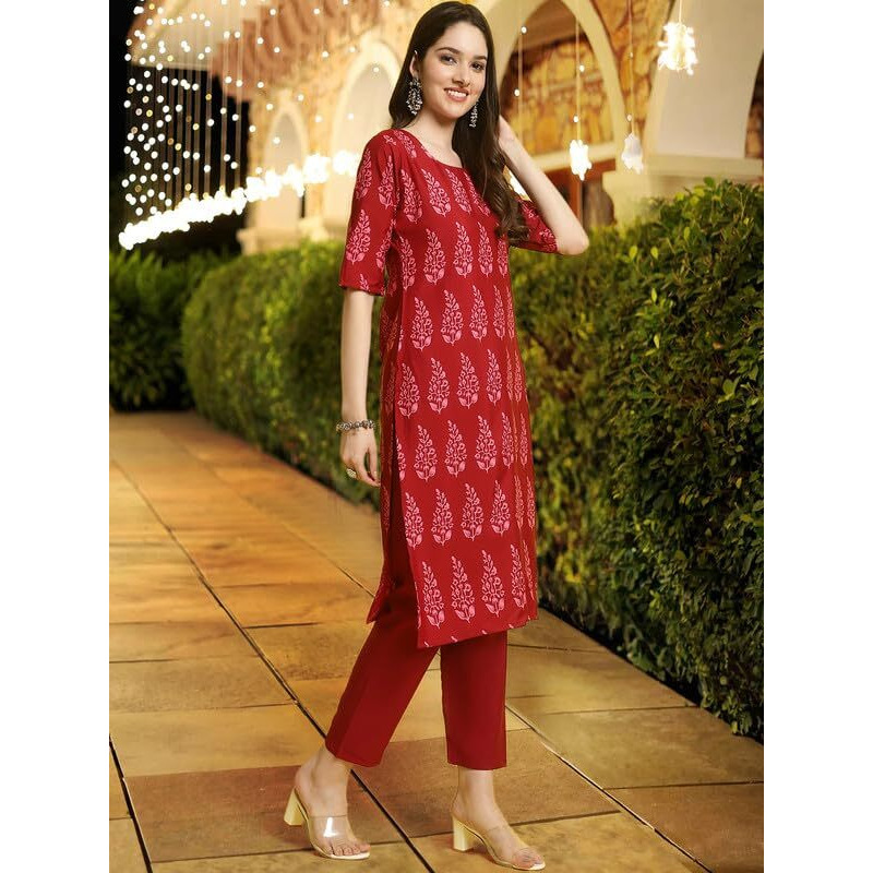 Pinkmint Women's Printed Crepe Straight Kurta And Pant Set Round Neck Kurta And Pant Set For Women