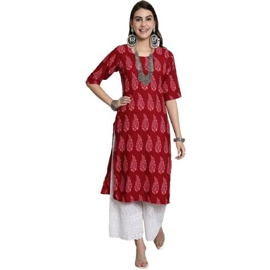 Pinkmint Elegant Printed Crepe Kurti's For Women's Ll Fashionable Kurti Ll Straight Round Neck Kurti (Pack Of 1) Red