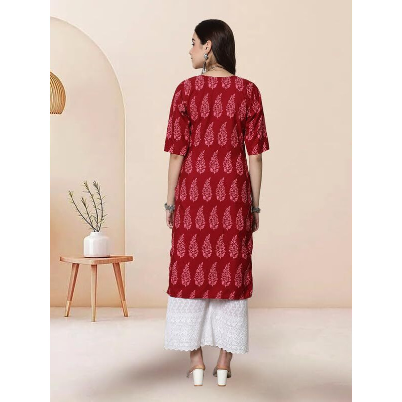 Pinkmint Elegant Printed Crepe Kurti's For Women's Ll Fashionable Kurti Ll Straight Round Neck Kurti (Pack Of 1) Red