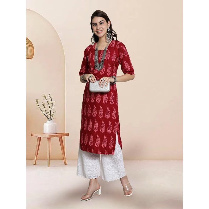 Pinkmint Elegant Printed Crepe Kurti's For Women's Ll Fashionable Kurti Ll Straight Round Neck Kurti (Pack Of 1) Red