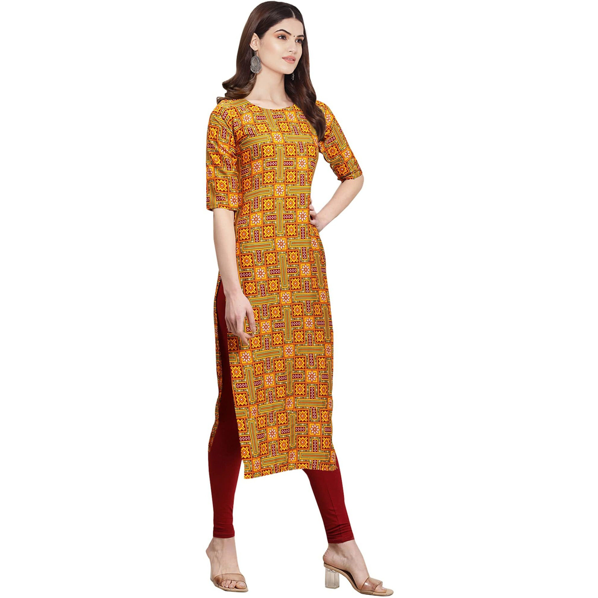 Pinkmint Women's Crepe Multicolor Color Ethnic Motif Printed Straight Kurti (530333-L)