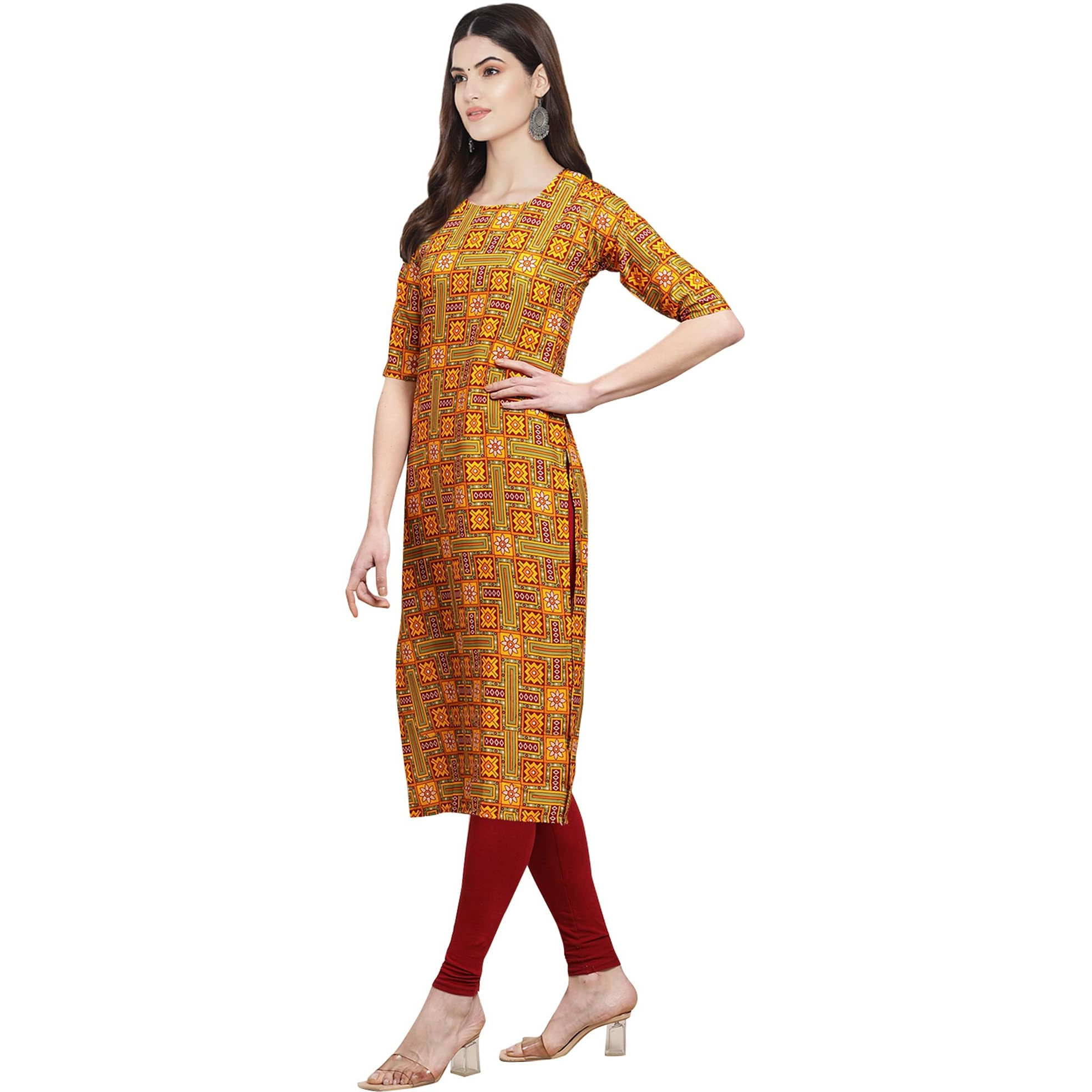 Pinkmint Women's Crepe Multicolor Color Ethnic Motif Printed Straight Kurti (530333-L)