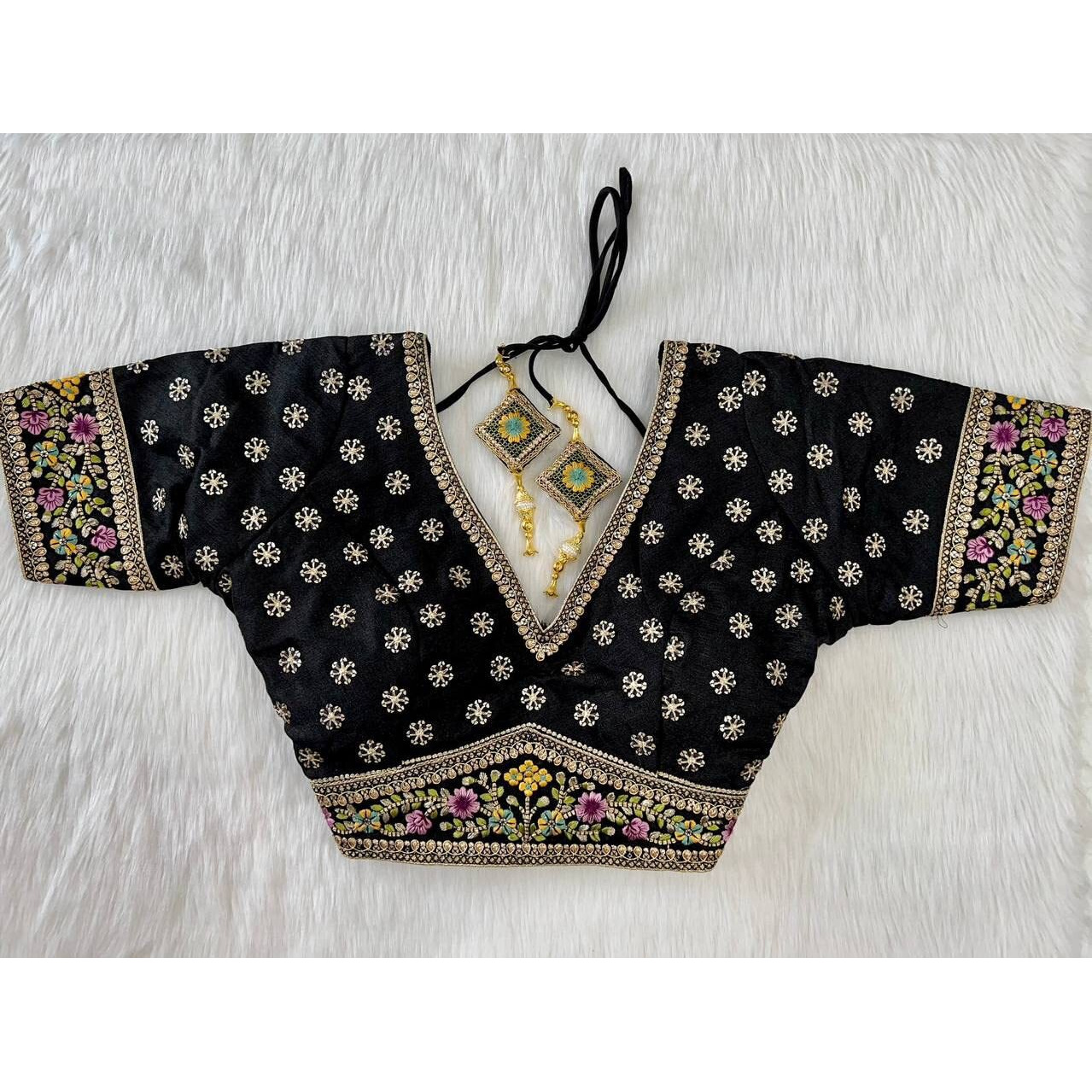 Pujia Mills Women's Milan Silk Golden Zari Embroidery With Sequins Work Black Saree Blouse(Vanshika Black_42)