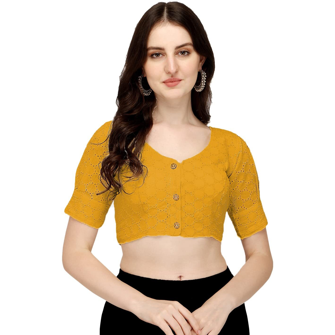 Pujia Mills Women's Cotton Chikankari Embroidery Work Readymade Saree Blouse (36, Yellow)