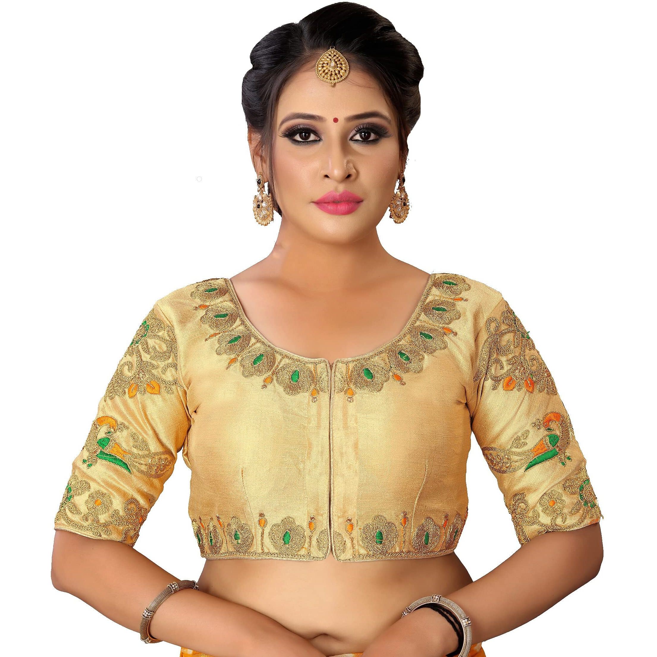 Pujia Mills Women's Phantom Silk Peacock Half Sleeve Saree Blouse (Rakhiii_Gold_38 Size+Margin)