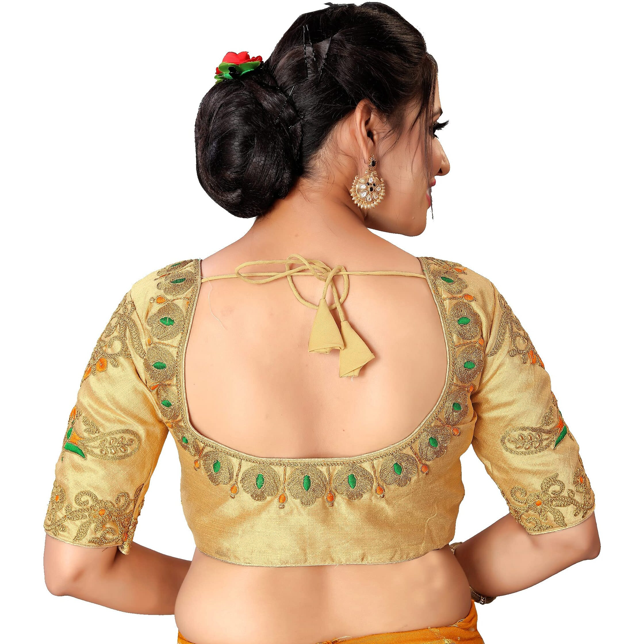 Pujia Mills Women's Phantom Silk Peacock Half Sleeve Saree Blouse (Rakhiii_Gold_38 Size+Margin)