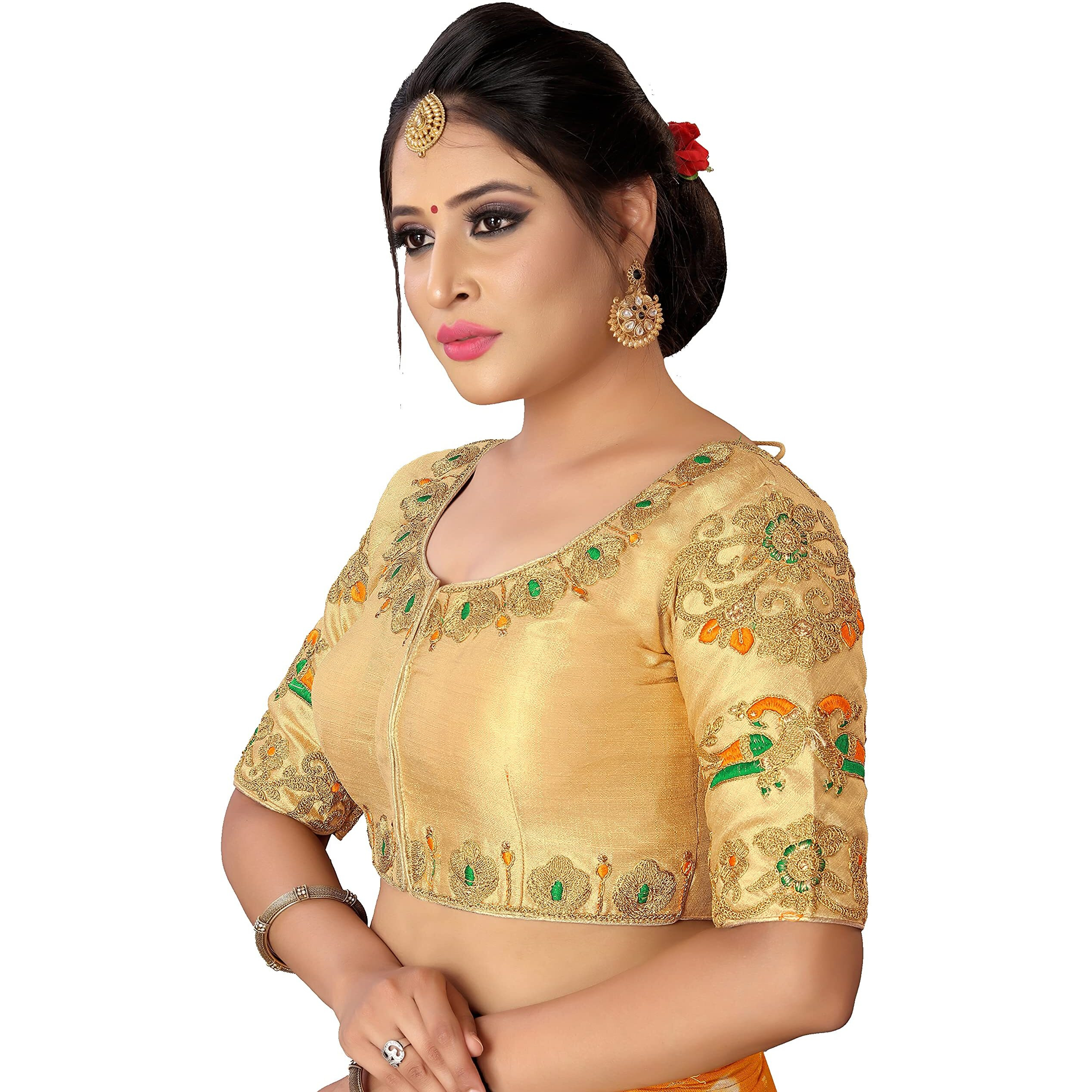 Pujia Mills Women's Phantom Silk Peacock Half Sleeve Saree Blouse (Rakhiii_Gold_38 Size+Margin)