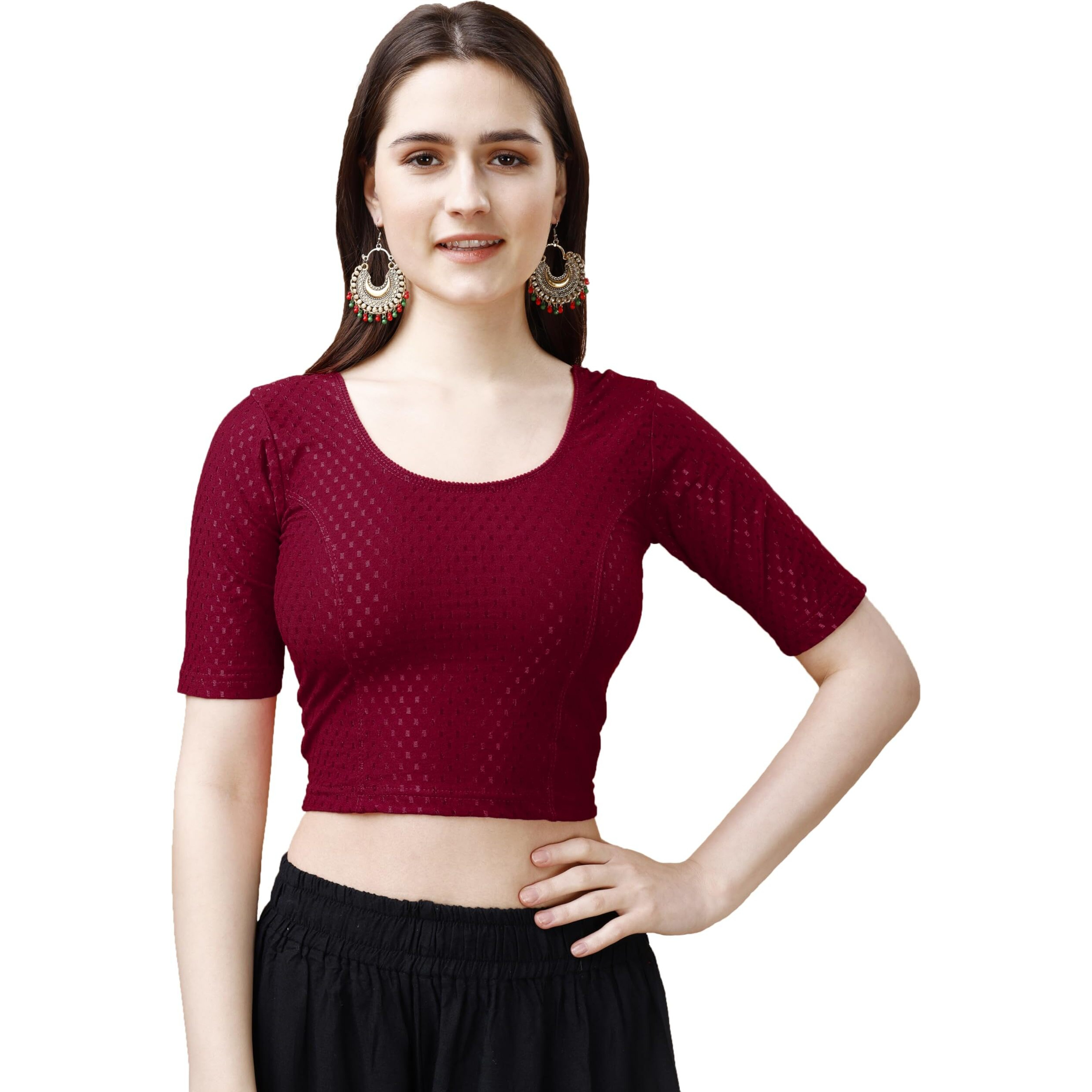 Pujia Mills Women's Readymade Dobby Cotton Lycra Stretchable Round Neck Half Sleeve Blouse Fancy Maroon Color Lycra Stretchable Blouse For Women Stylish Readymade Saree Blouse
