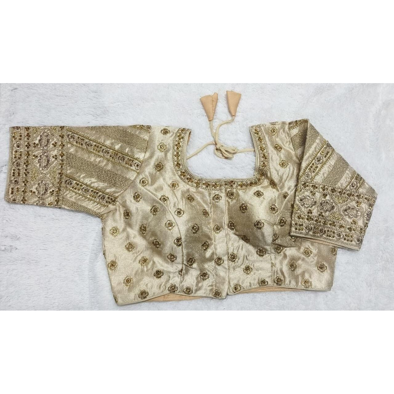 Pujia Mills Women's Indian Ethnic Wear Stitched Designer Golden Codding With Zari Embroidered Work Round Neck Half Sleeve Readymade Padded Saree Blouse Gold Readymade Work Blouse