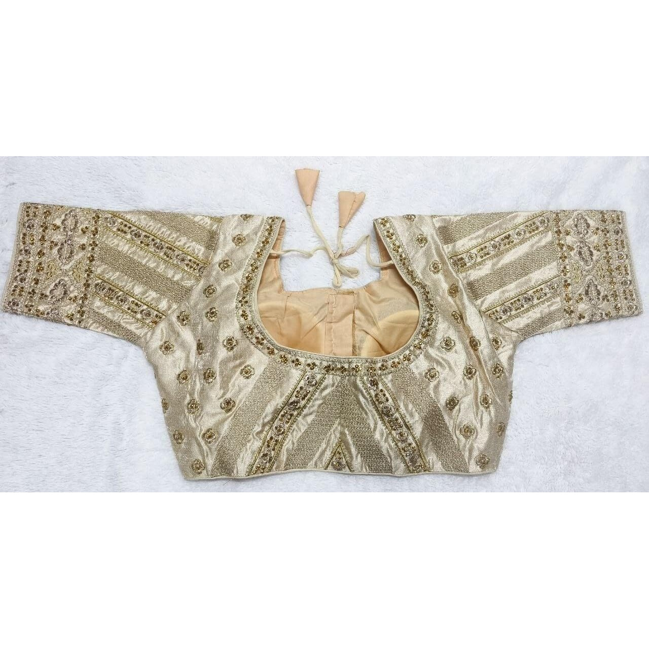 Pujia Mills Women's Indian Ethnic Wear Stitched Designer Golden Codding With Zari Embroidered Work Round Neck Half Sleeve Readymade Padded Saree Blouse Gold Readymade Work Blouse