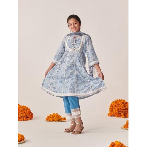 Pspeaches Girl's Cotton Regular Kurta Set (Ks-Firozijaal-10-12Y_Firozi