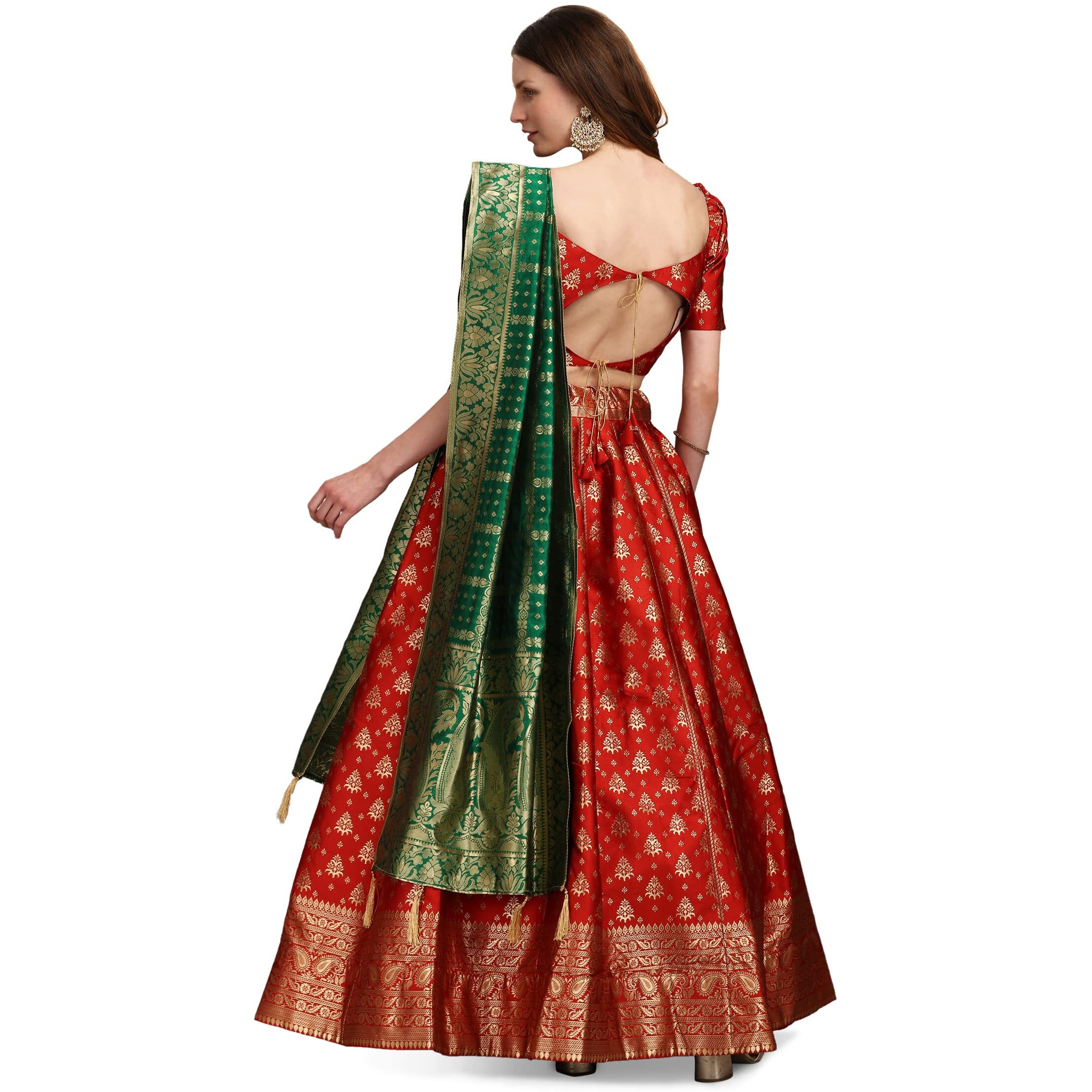 Purvaja Women's Jacquard Semi-Stitched Lehenga Choli (Trisha-Red_Red_Free Size)