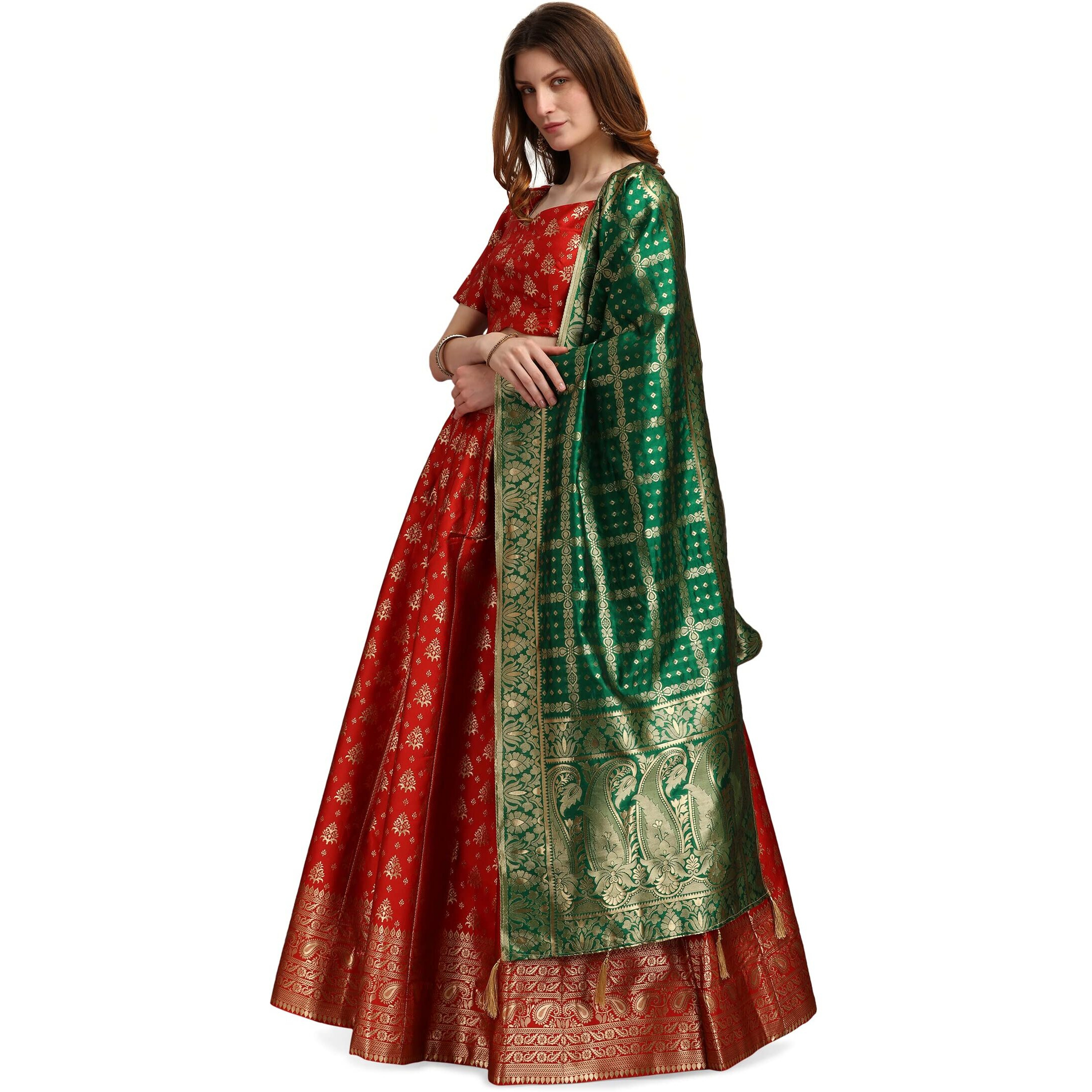 Purvaja Women's Jacquard Semi-Stitched Lehenga Choli (Trisha-Red_Red_Free Size)