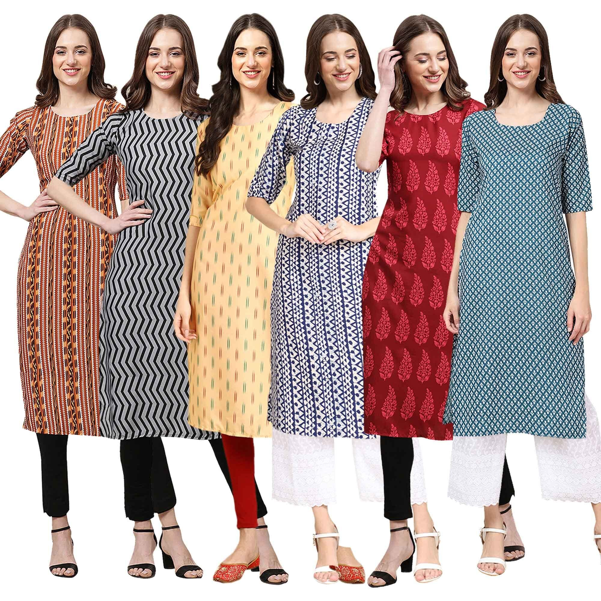 Pinkmint Women's Crepe Digital Print Straight Kurta [Pack Of 6] (Ccp-344-336-360-348-337-351-Xxl)