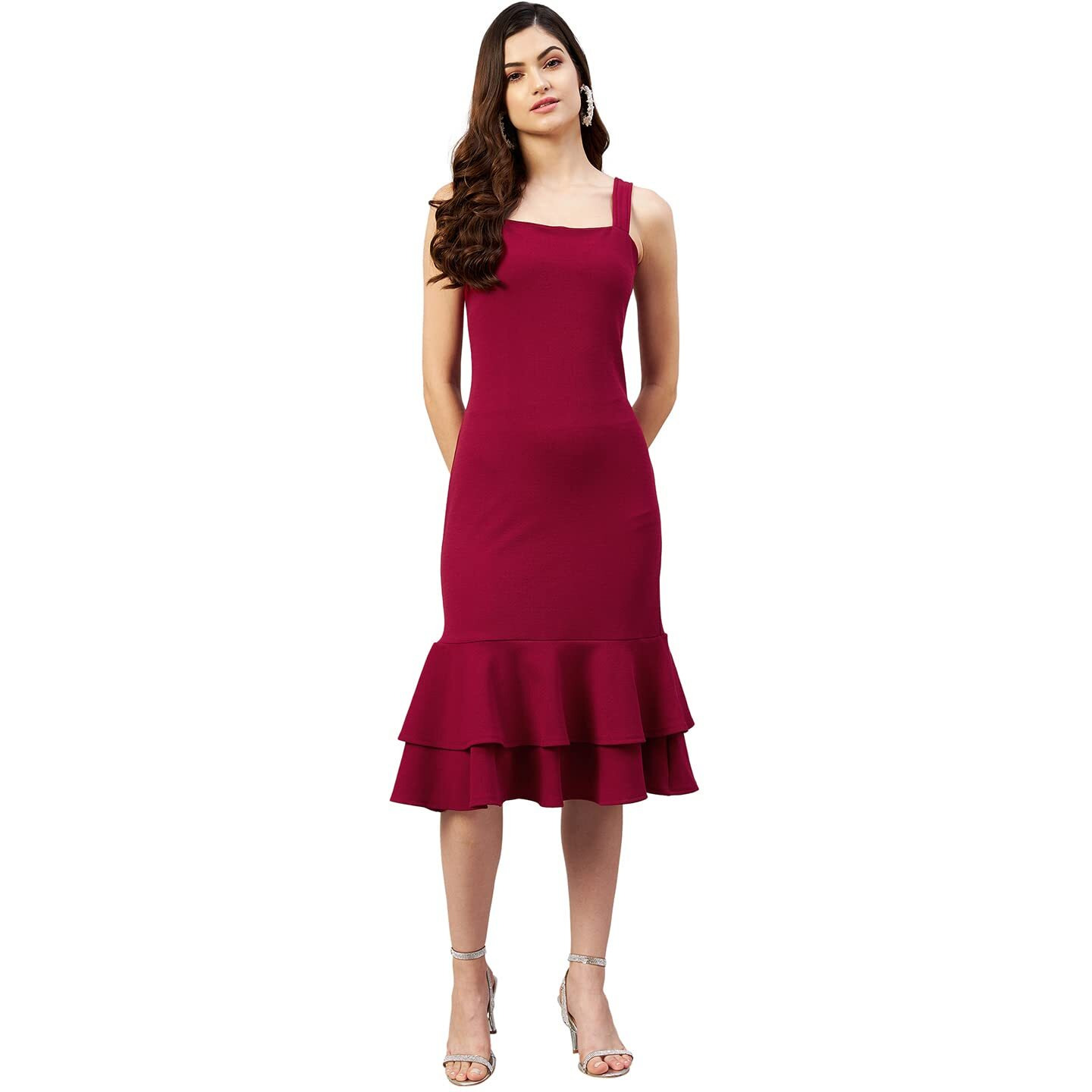 Rare Women Casual Maroon Colour A-Line Midi Solid Dress, Medium