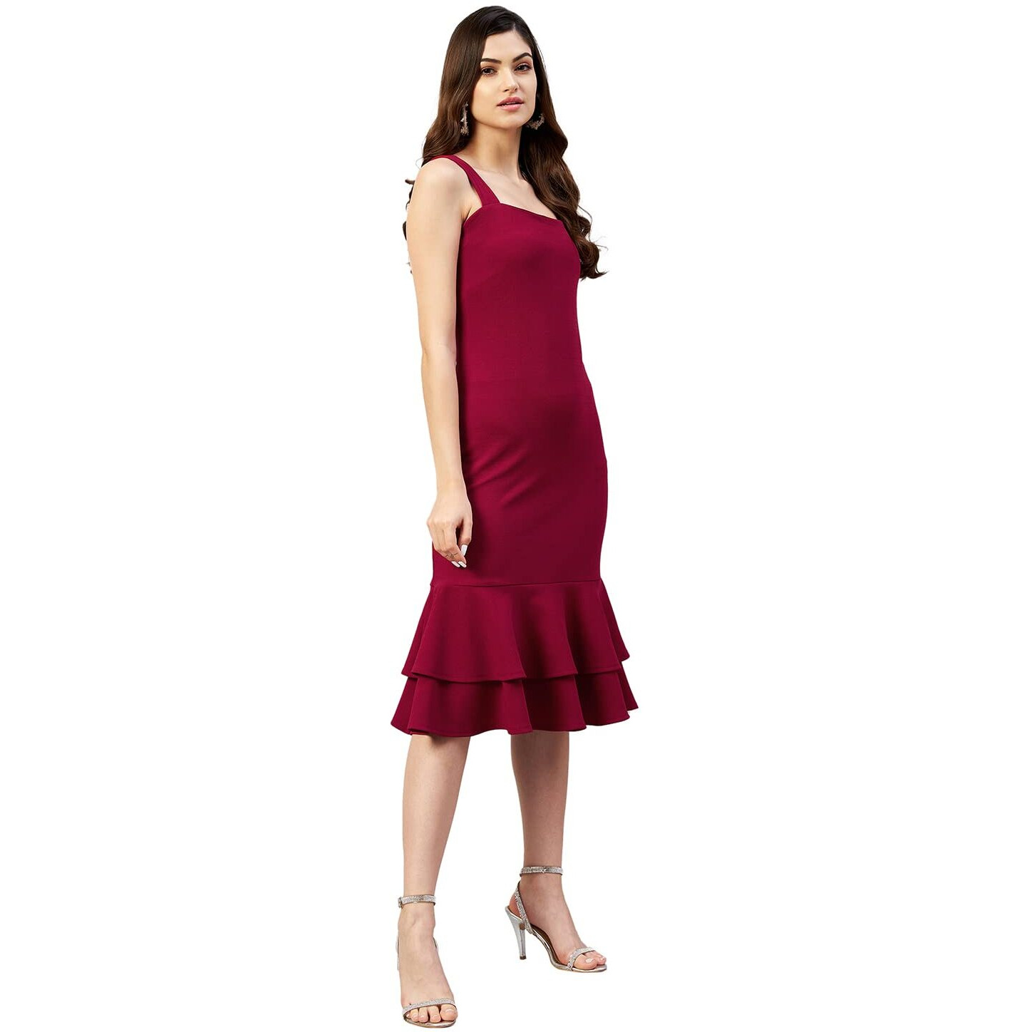 Rare Women Casual Maroon Colour A-Line Midi Solid Dress, Medium