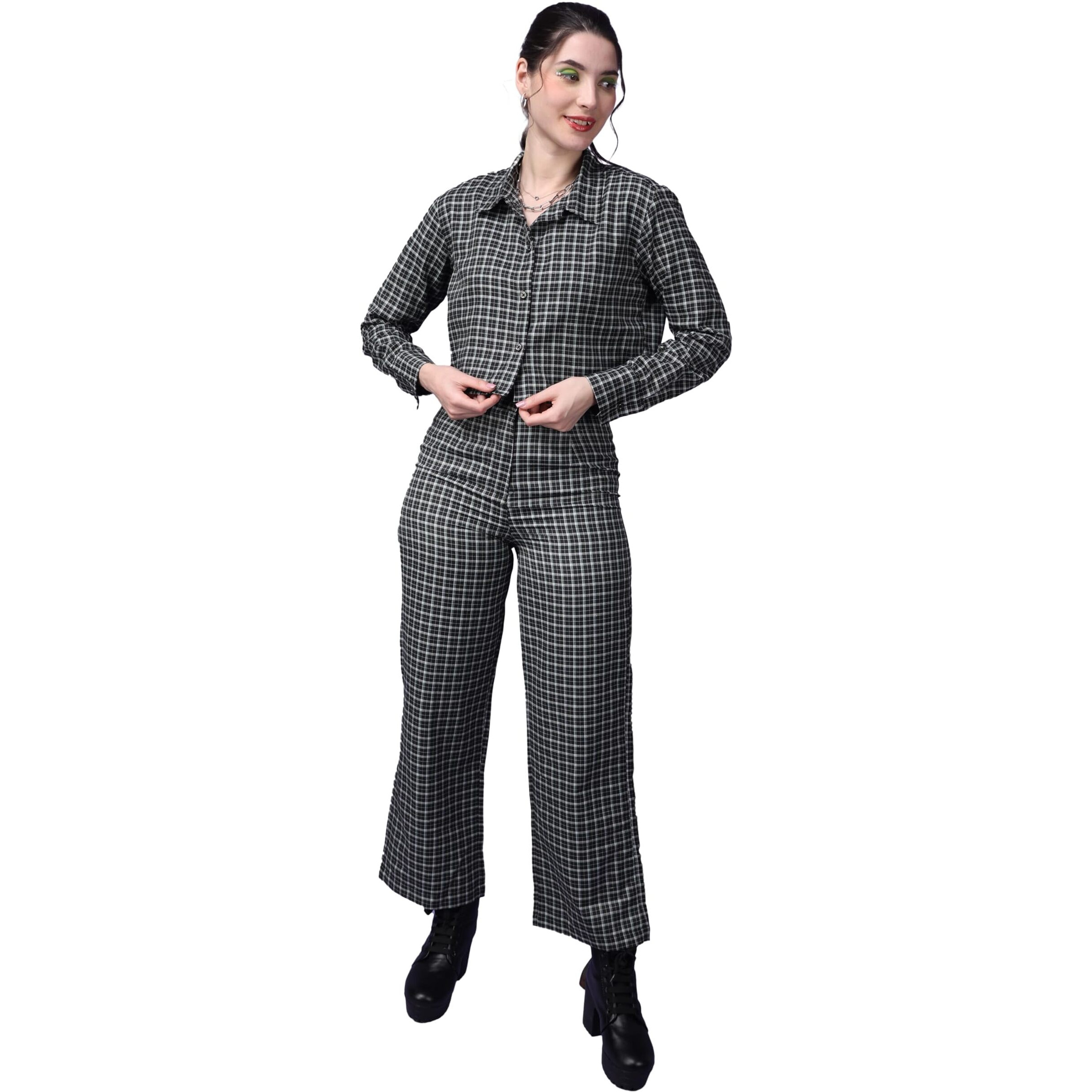Popwings Casual Checks Print Crop Shirt And Trouser Co-Ord Set For Women | Shirt And Pant Co-Ord Set For Women | Full Sleeves Co-Ord Set For Women | Western 2 Piece Set For Women Beige