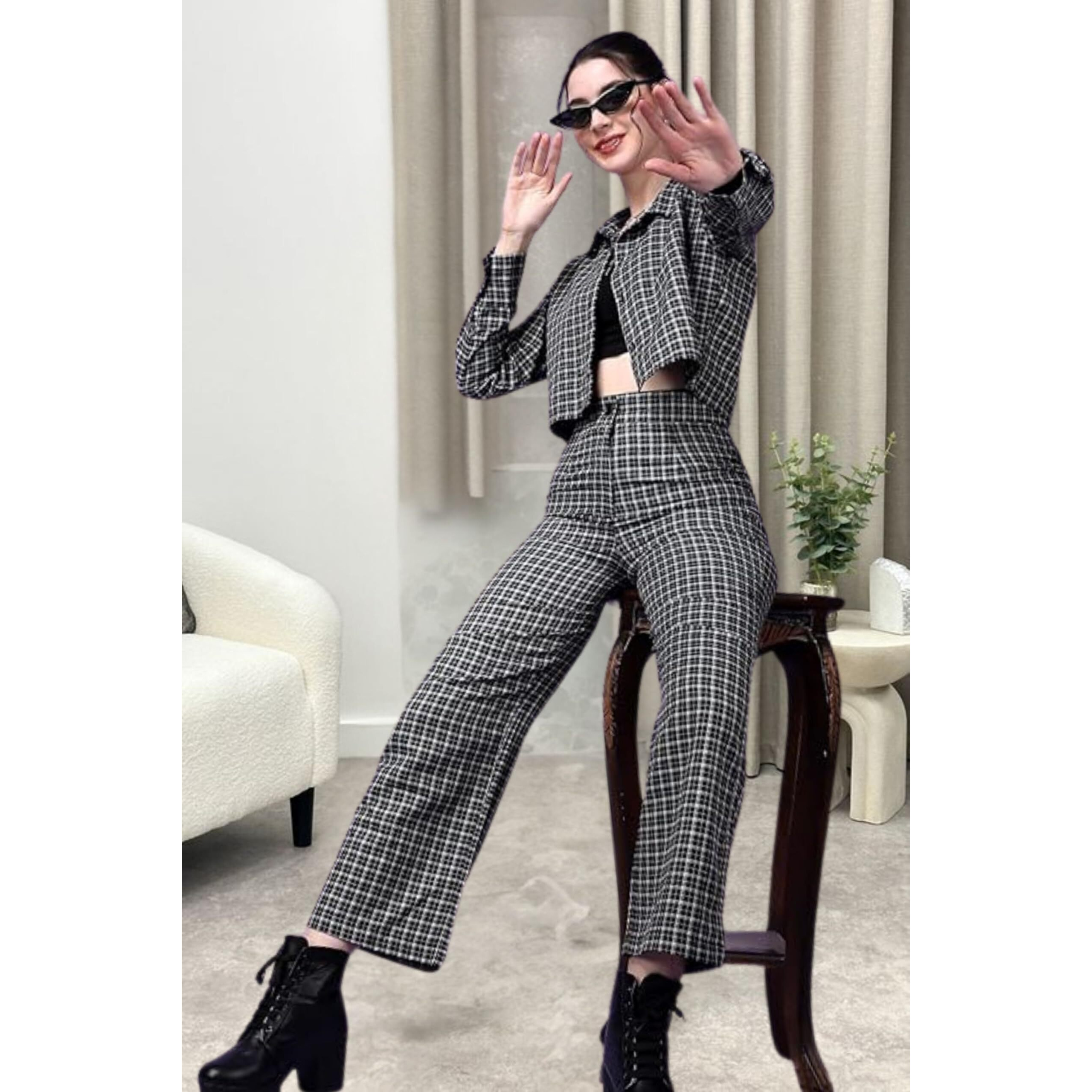 Popwings Casual Checks Print Crop Shirt And Trouser Co-Ord Set For Women | Shirt And Pant Co-Ord Set For Women | Full Sleeves Co-Ord Set For Women | Western 2 Piece Set For Women Beige