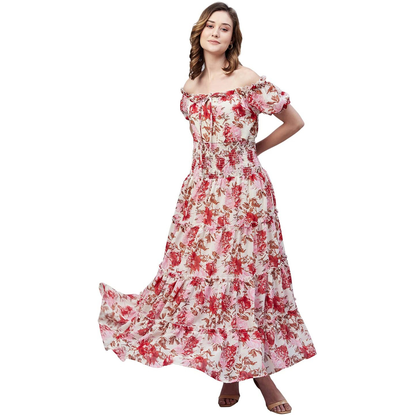 Rare Women's Regular Fit Fit And Flare Maxi Dress (Ep7546A_Beige Medium)