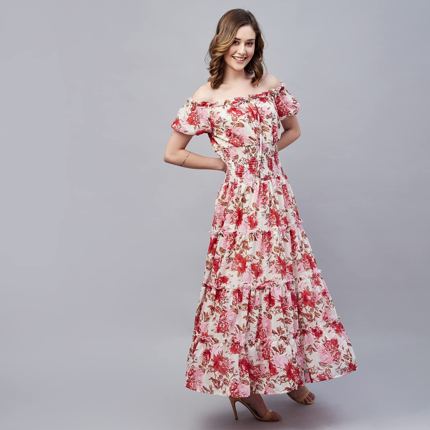 Rare Women's Regular Fit Fit And Flare Maxi Dress (Ep7546A_Beige Medium)