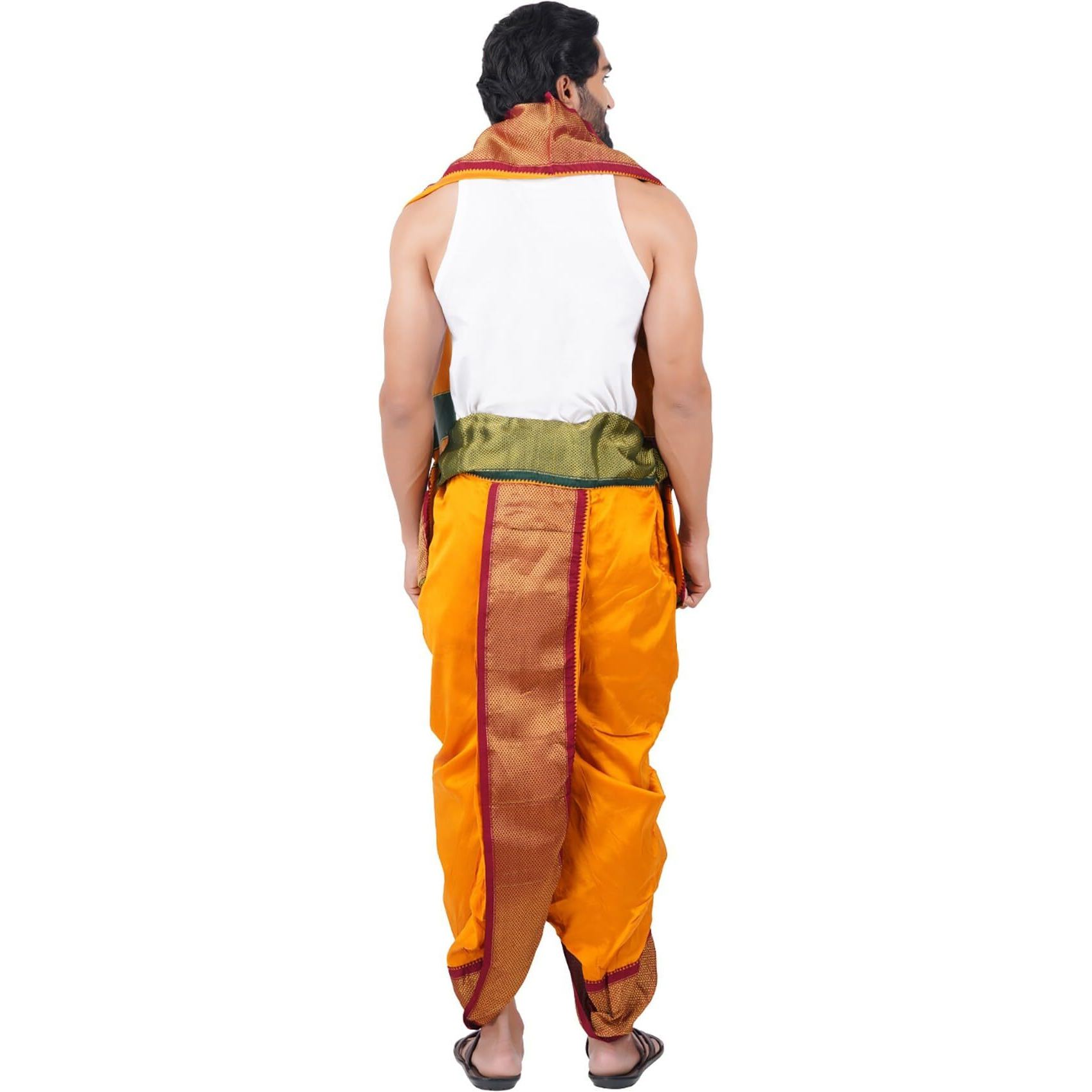 Prakasam Cotton Mens Asha Silk Panchakacham Ready To Wear Dhoti Towel Set With Pocket/Panchakacham Dhoti With Angavastram (Stitched Dhoti With Pocket
