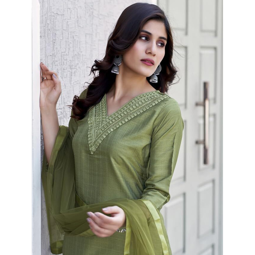 Sanisa Women's Art Silk Sequence Embroidery Straight Kurta Set With Dupatta (143Kbd1547N-S_Olive Green)