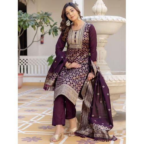 Sanisa Women's Silk Blend Weaving With Embroidery And Sequins Work Straight Kurta With Pant And Dupatta Set (241Kbd2542N-Xxl_Wine)