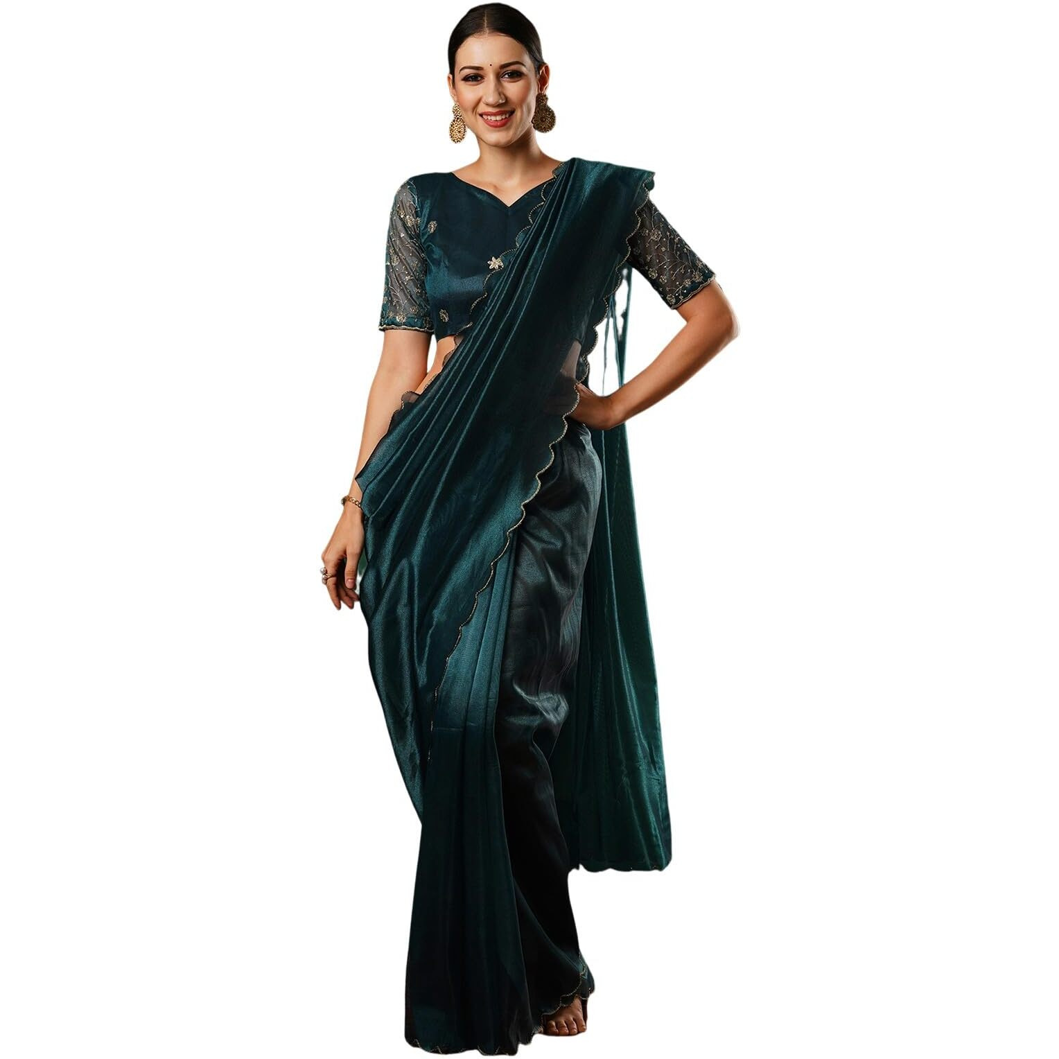 Satrani Women's Shimmer Net Embroidery And Scalloped Border Saree With Unstitched Blouse Piece (3899S445N_Rama Blue)