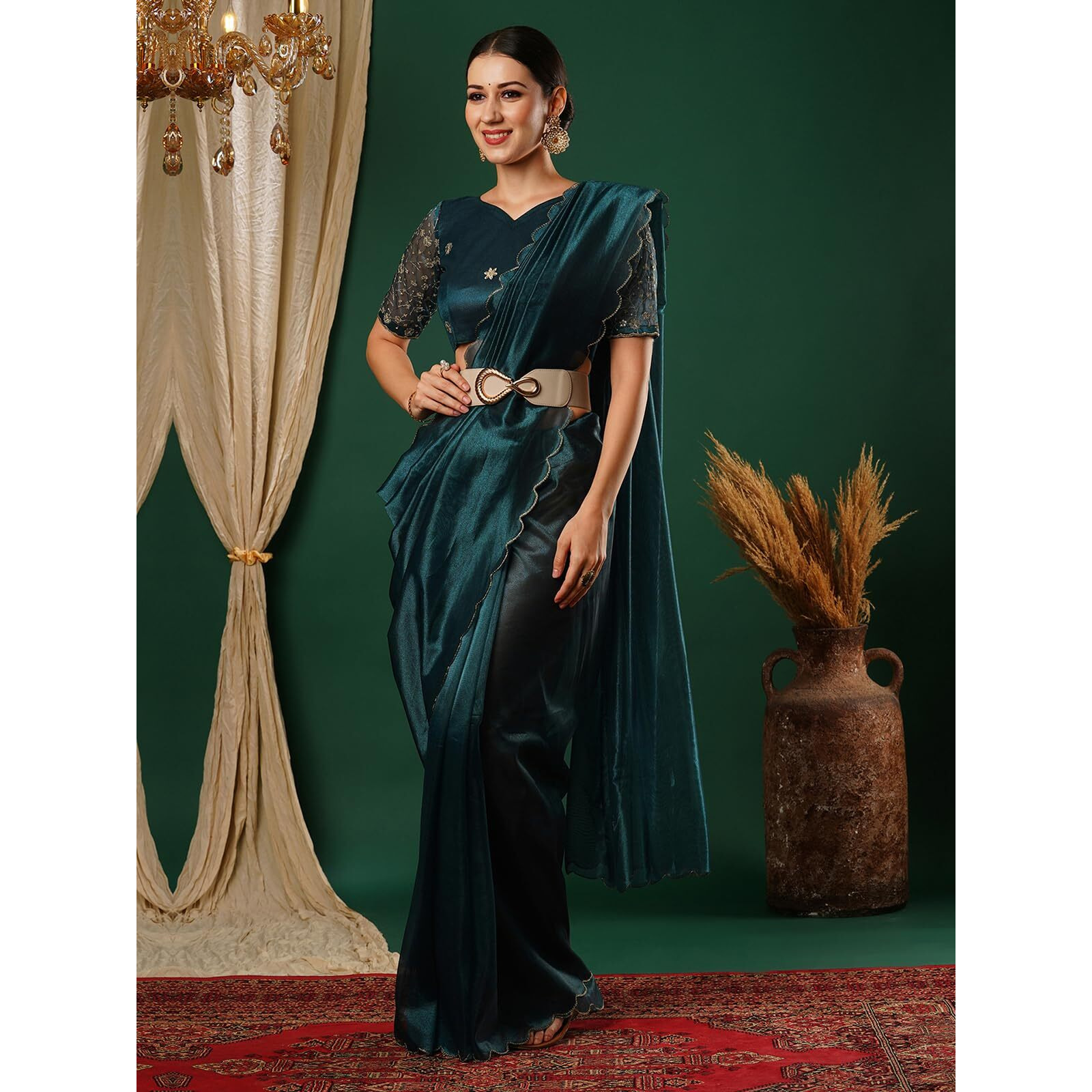 Satrani Women's Shimmer Net Embroidery And Scalloped Border Saree With Unstitched Blouse Piece (3899S445N_Rama Blue)